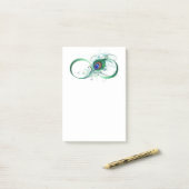 Unendlichkeitssymbol mit Peacock Feather Post-it Klebezettel (Auf Schreibtisch)