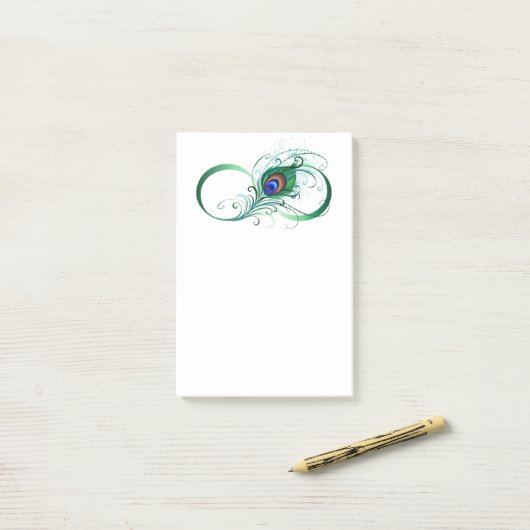 Unendlichkeitssymbol mit Peacock Feather Post-it Klebezettel (Auf Schreibtisch)