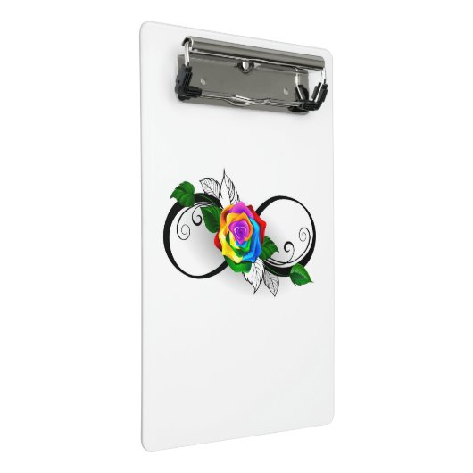 Unendlichkeitssymbol mit Rainbow-Rose Mini Klemmbrett (Schrägansicht)