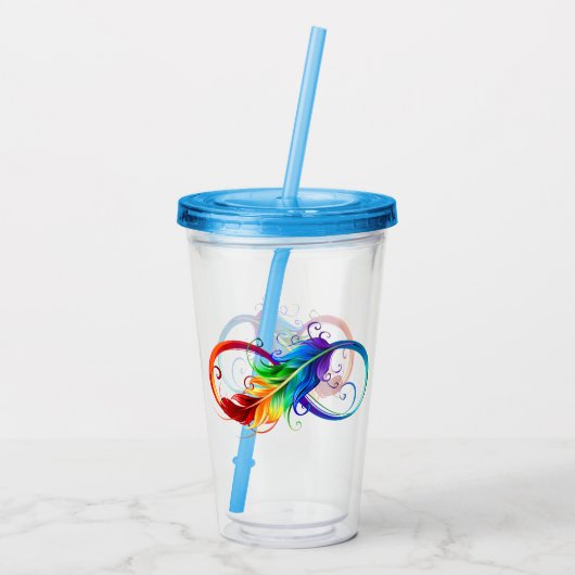 Unendlichkeitssymbol mit Regenbogen-Feder Acryltrinkbecher (Rückseite)