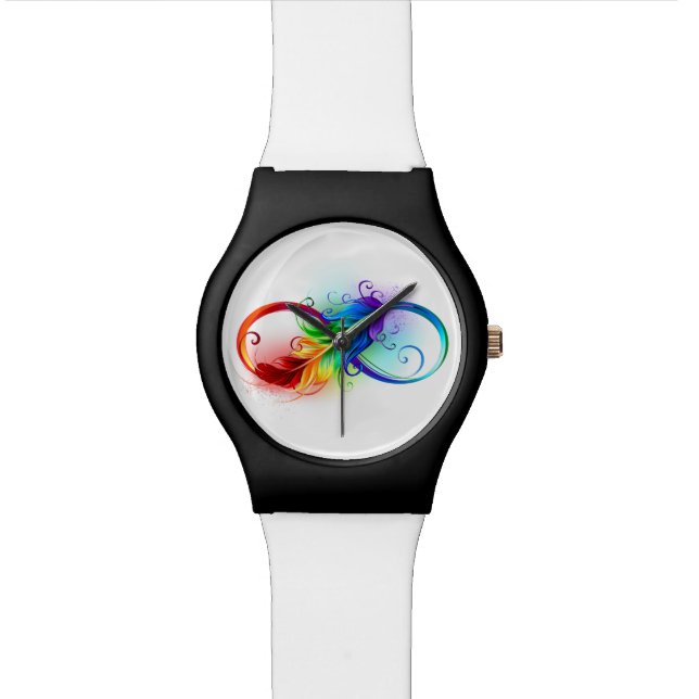 Unendlichkeitssymbol mit Regenbogen-Feder Armbanduhr (Nahaufnahme)