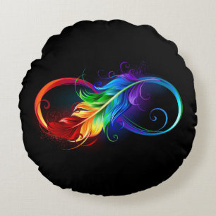 Unendlichkeitssymbol mit Regenbogen-Feder Rundes Kissen