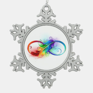 Unendlichkeitssymbol mit Regenbogen-Feder Schneeflocken Zinn-Ornament