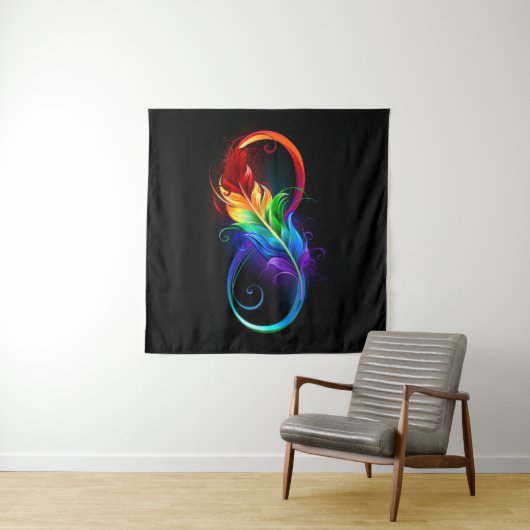 Unendlichkeitssymbol mit Regenbogen-Feder Wandteppich (Beispiel (Horizontal))