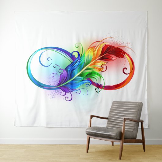 Unendlichkeitssymbol mit Regenbogen-Feder Wandteppich (Beispiel (Horizontal))