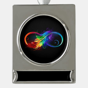 Unendlichkeitssymbol mit Regenbogenfeder Banner-Ornament Silber