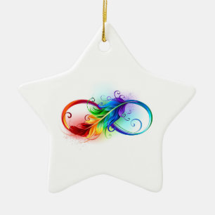 Unendlichkeitssymbol mit Regenbogenfeder Keramik Ornament