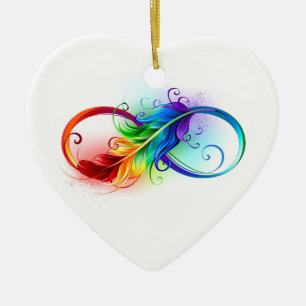 Unendlichkeitssymbol mit Regenbogenfeder Keramik Ornament