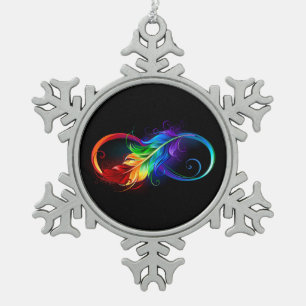Unendlichkeitssymbol mit Regenbogenfeder Schneeflocken Zinn-Ornament