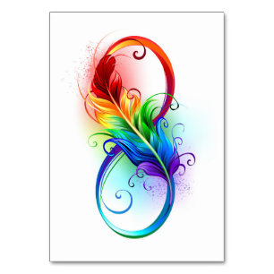 Unendlichkeitssymbol mit Regenbogenfeder Tischnummer