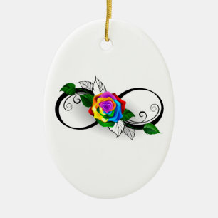 Unendlichkeitssymbol mit Regenbogenrose Keramik Ornament