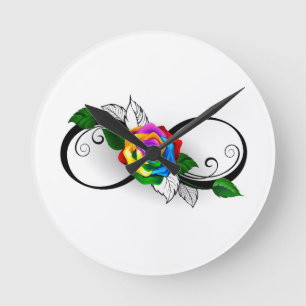 Unendlichkeitssymbol mit Regenbogenrose Runde Wanduhr