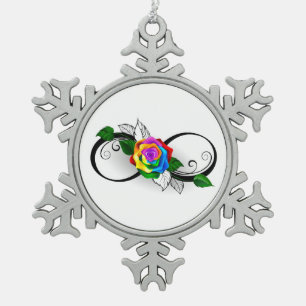 Unendlichkeitssymbol mit Regenbogenrose Schneeflocken Zinn-Ornament