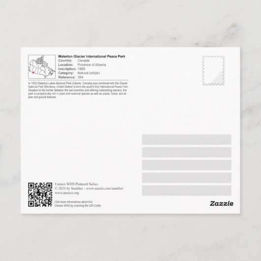 UNESCO - Waterton Glacier Internationaler Friedens Postkarte (Rückseite)
