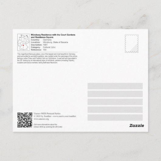 UNESCO - Würzburg Residenz mit Court Gardens Postkarte (Rückseite)