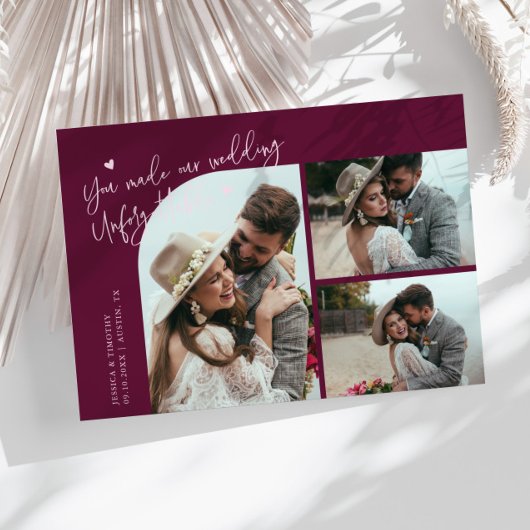 Unforgettable Wedding Cranberry Multi Photo Dankeskarte