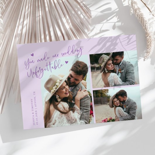 Unforgettable Wedding Lilac Multi Photo Dankeskarte