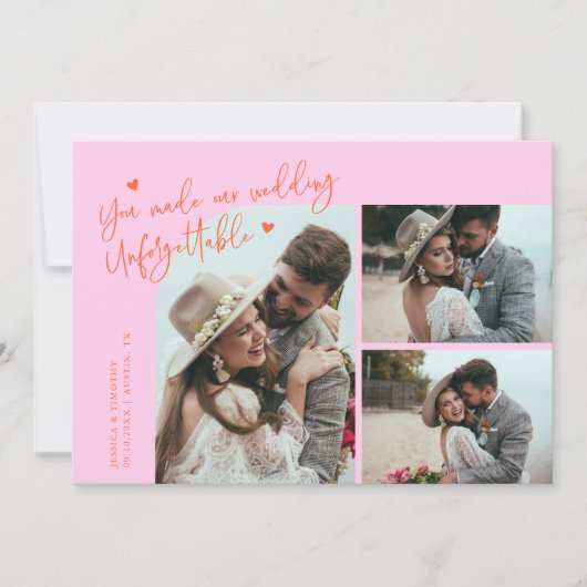 Unforgettable Wedding Orange Pink Multi Photo Dankeskarte (Vorderseite)