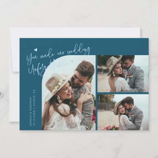 Unforgettable Wedding Teal Multi Photo Dankeskarte (Vorderseite)