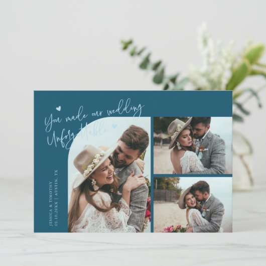 Unforgettable Wedding Teal Multi Photo Dankeskarte (Stehend Vorderseite)