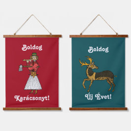 Ungarisch ・ Boldog Karácsonyt! Boldog Új Évet! Wandteppich Mit Holzrahmen