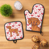 Ungarisch Vizsla Dog Liebe Rosa Herzmuster Ofenhandschuh & Topflappen-Set (Oben Unten)