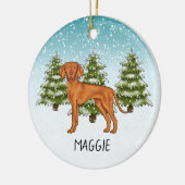 Ungarisch Vizsla Dog Snowy Winterwald und Name Keramik Ornament (Links)