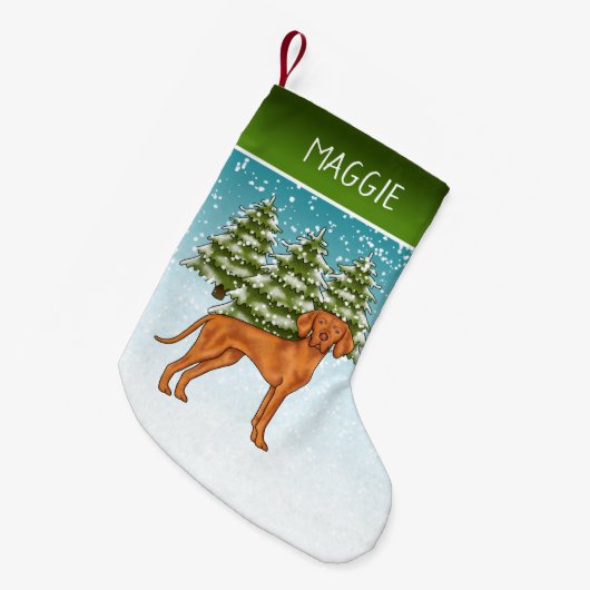 Ungarisch Vizsla Dog Snowy Winterwald und Name Kleiner Weihnachtsstrumpf (Vorderansicht (hängend))