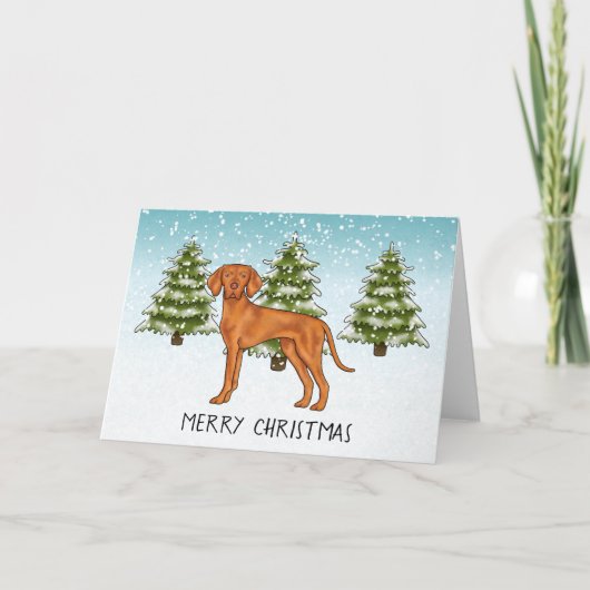 Ungarisch Vizsla Dog Snowy Winterwald und Text Karte (Vorderseite)