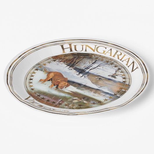 Ungarisch Vizsla, Jagd auf Enten im Winter Pappteller (Schrägansicht)