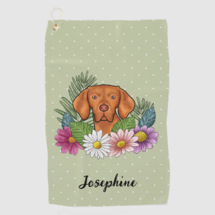 Ungarisch Vizsla mit farbenfrohen Blume und Namen Golfhandtuch