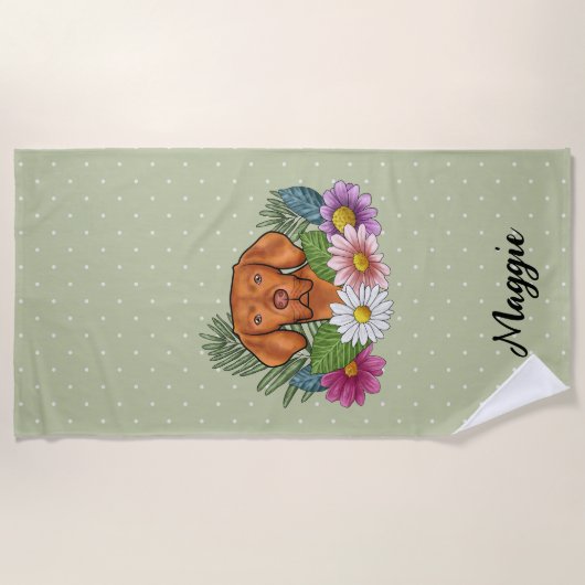 Ungarisch Vizsla mit farbenfrohen Blume und Namen Strandtuch (Vorderseite)