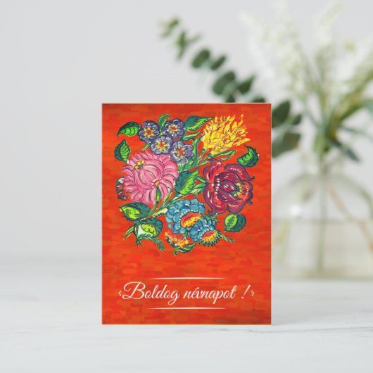 Ungarische Blüte in rot - Namenstag Postkarte (Stehend Vorderseite)