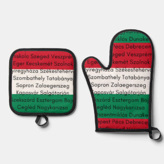 Ungarische Flaggenfarben mit Städten Ofenhandschuh & Topflappen-Set