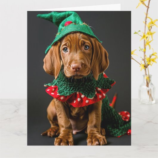 Ungarische Vizla Elf Welpe Weihnachtskarte Karte (Gelbe Blume)