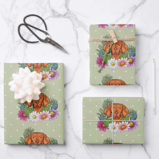 Ungarische Vizsla und farbenfrohe Sommer-Blume Grü Geschenkpapier Set (Vorderseite)
