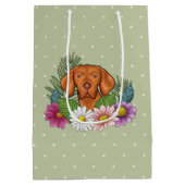 Ungarische Vizsla und farbenfrohe Sommer-Blume Grü Mittlere Geschenktüte (Rückseite)