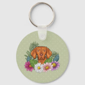 Ungarische Vizsla und farbenfrohe Sommer-Blume Grü Schlüsselanhänger (Vorderseite)