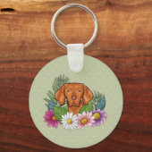 Ungarische Vizsla und farbenfrohe Sommer-Blume Grü Schlüsselanhänger (Vorderseite)