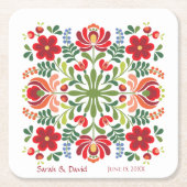 Ungarischer Design Red Blume Square Paper Unterset Rechteckiger Pappuntersetzer (Vorderseite)