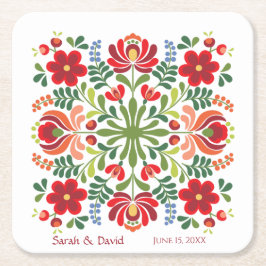 Ungarischer Design Red Blume Square Paper Unterset Rechteckiger Pappuntersetzer