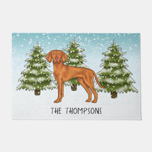 Ungarischer Vizsla Hund Schneeiger Winterwald Und Fußmatte