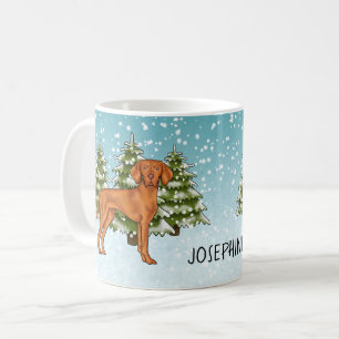 Ungarischer Vizsla Hund Schneeiger Winterwald Und Kaffeetasse