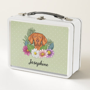 Ungarischer Vizsla mit farbenfrohen Blumen und Nam Metall Brotdose