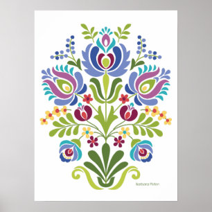 Ungarisches Folkloredesign Blau und Lila Blumen Poster