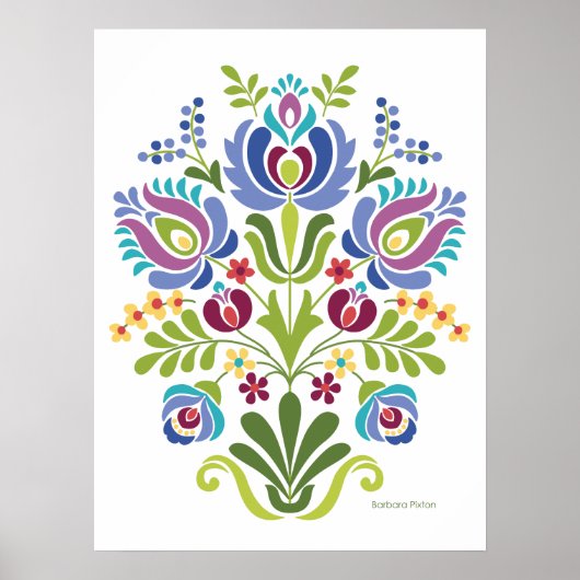 Ungarisches Folkloredesign Blau und Lila Blumen Poster (Vorne)