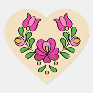 Ungarisches Stickereimuster, "Matyó" - rosa Herz-Aufkleber