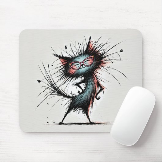 Ungepflegte freche Katze mit roter Brille Mousepad (Mit Mouse)