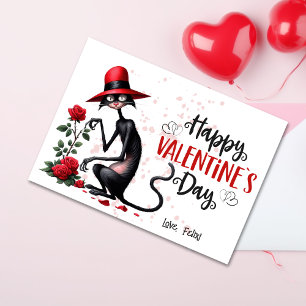 Ungerade schwarze Katze mit Red Hat Happy Valentin Feiertagskarte