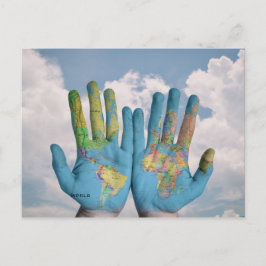Ungewöhnliche World Map Atlas Hands Moderne Kunst Postkarte